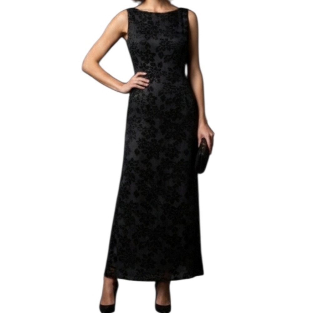 Rhapsody Vintage 90s Black Floral Velvet Maxi Gown Dress